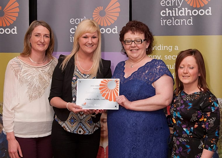 Presentation at the 2013 ECI Awards Ceremony – Sarah O’ Leary (Co-Director, Cheeky Cherubs), Sara O’Donnell (Area Training Manager, Cheeky Cherubs), Mary MacLoughlin (Principal Officer in the Department of Children and Youth Affairs) and Janine Urquhart (Manager, Cheeky Cherubs). 
